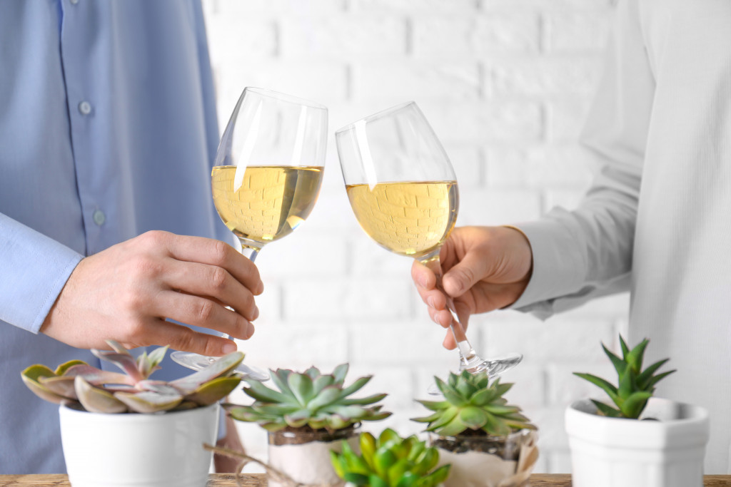 Succulents on a table while two people are toasting white wine glasses.